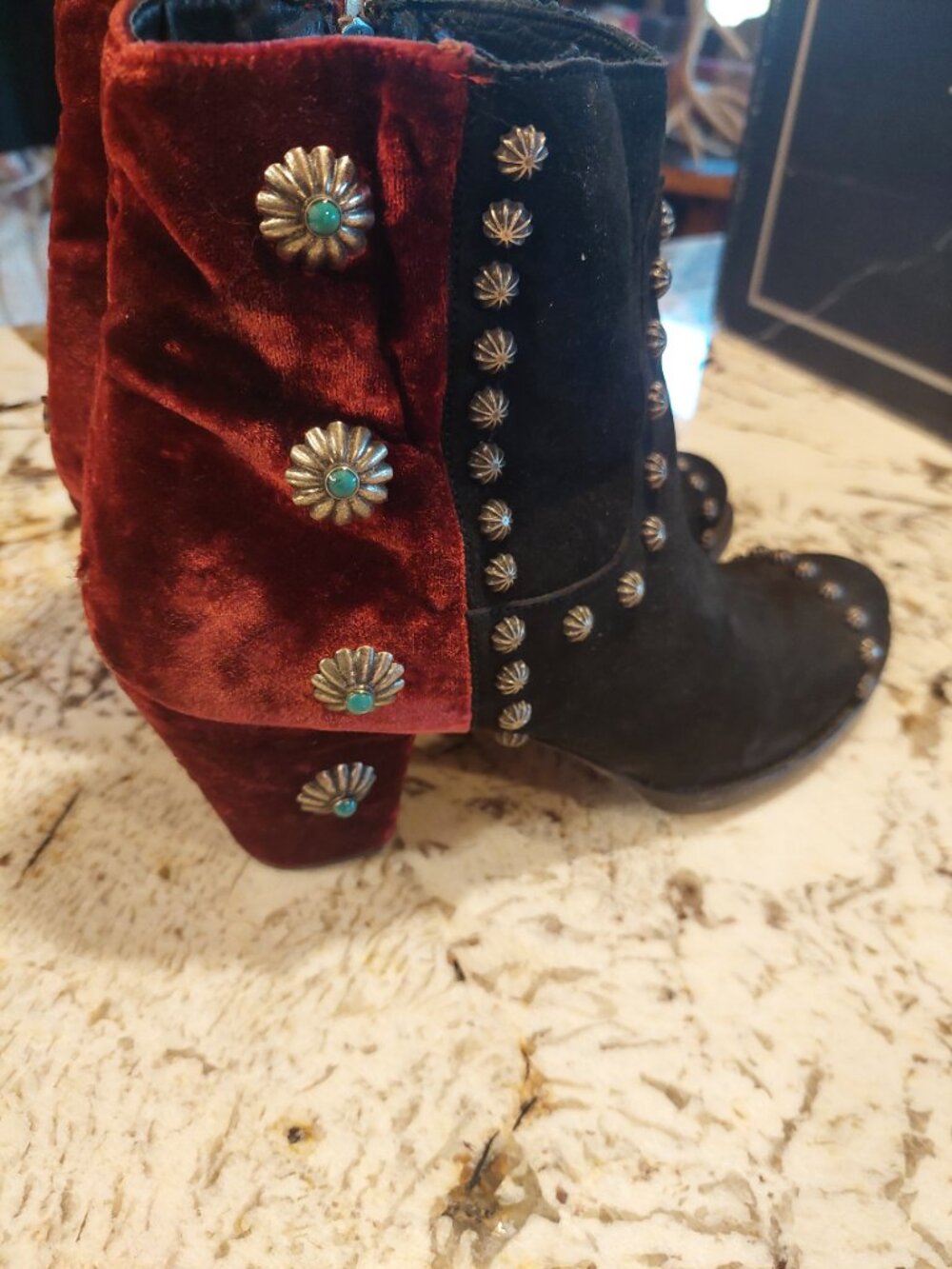 Double D Ranch Wine Velvet and black heeled Ankle boots Conchos/Turquoise sz 10